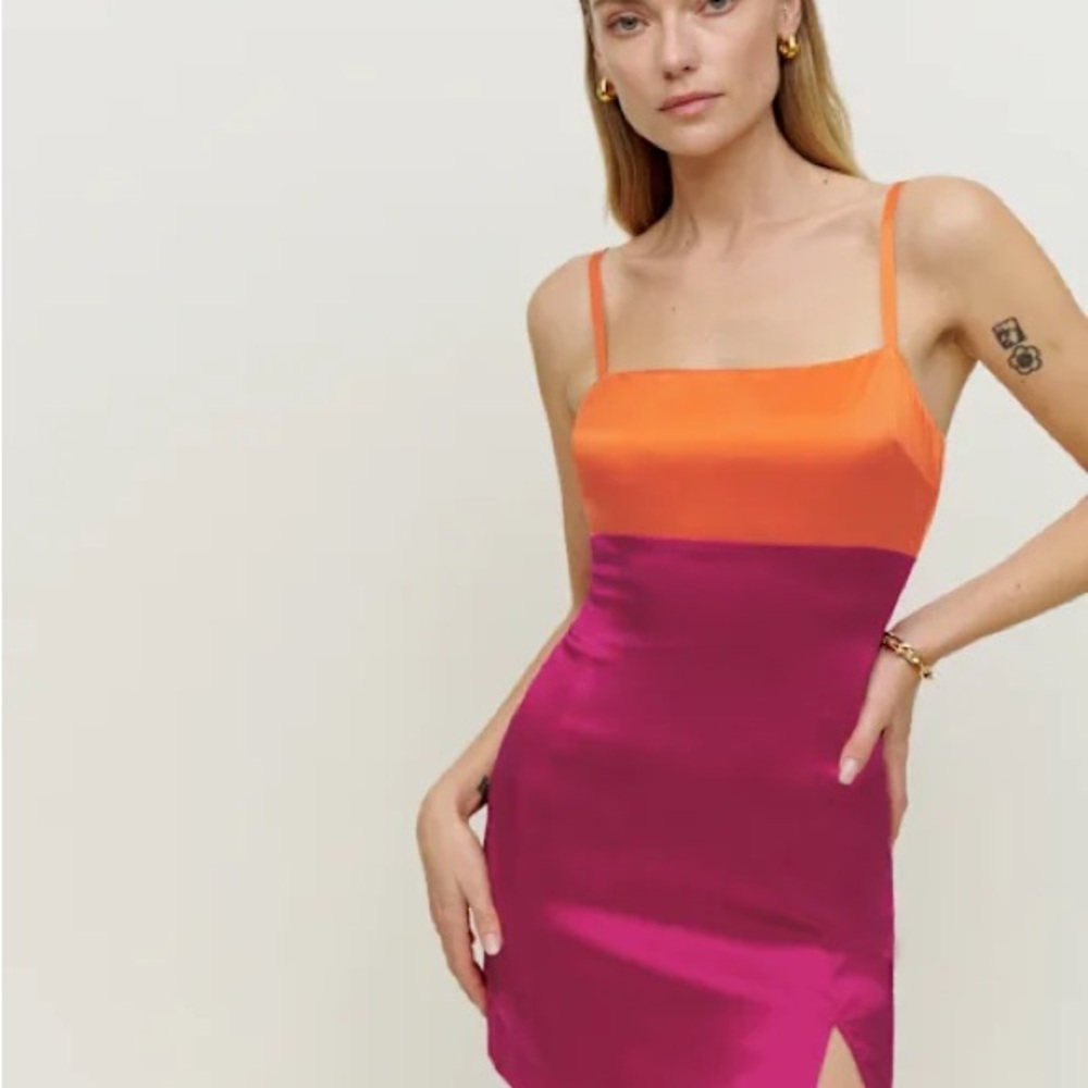 Reformation Jasmin Satin Slip Dress in Orange and Fuchsia
